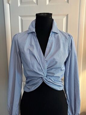 Fashion Nova Blue and White Pinstripe Twist-Front Button Down